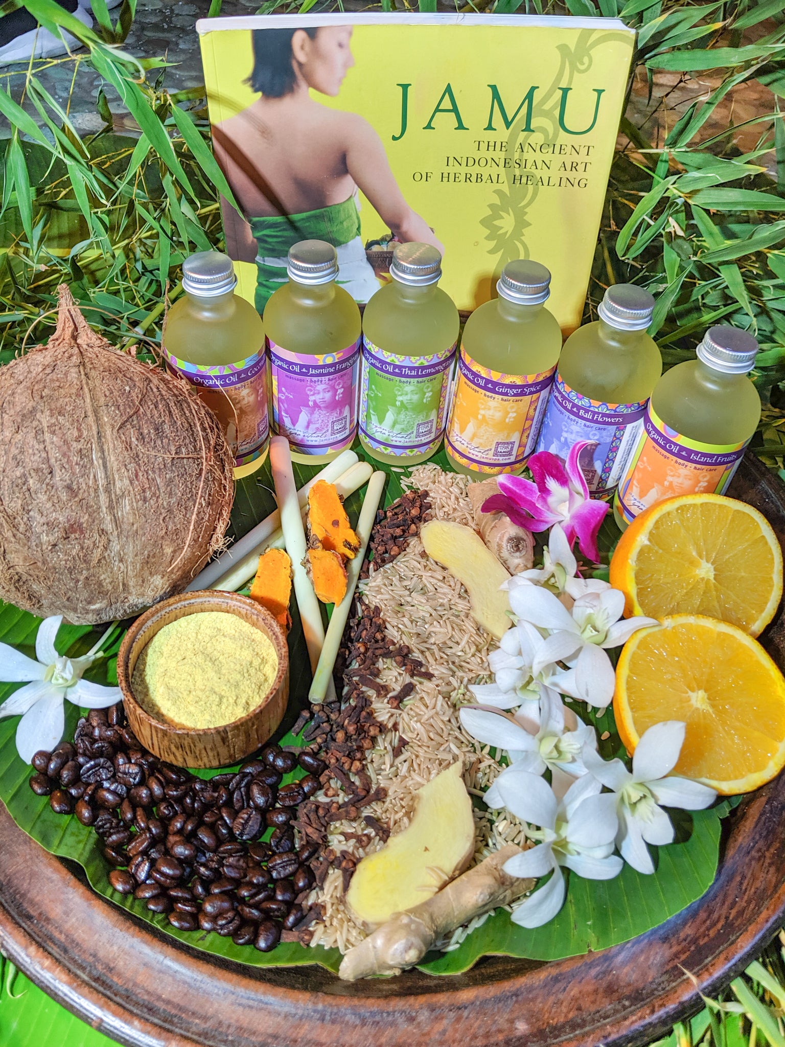 JAMUspa organic oil collection with plant-based body, massage and hair oils inspired by Balinese traditions
